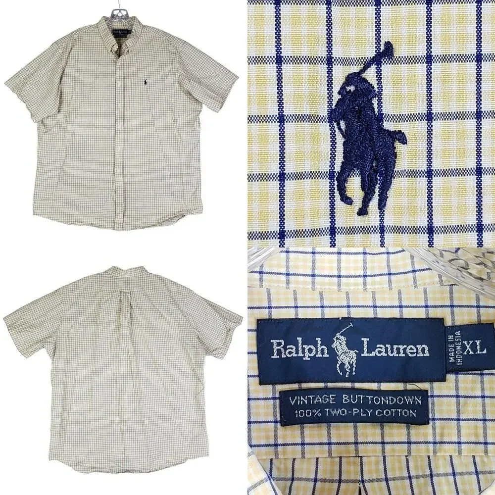 Polo Ralph Lauren Shirt Mens Size XL Yellow Plaid Vintage Blake SS Button Down